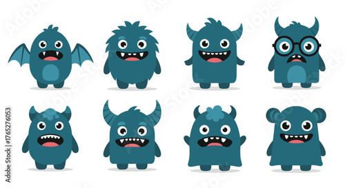 Set of Cute Blue Cartoon Monsters with Different Expressions and Features.