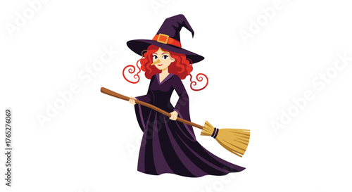 Young cartoon witch with red curly hair holding a broomstick.