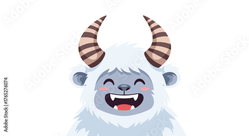 Cute cartoon yeti with big horns and happy expression.