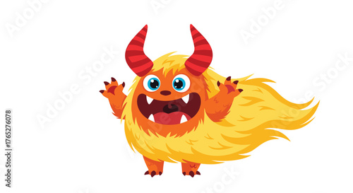 Cute cartoon monster with orange fur and big horns is smiling.