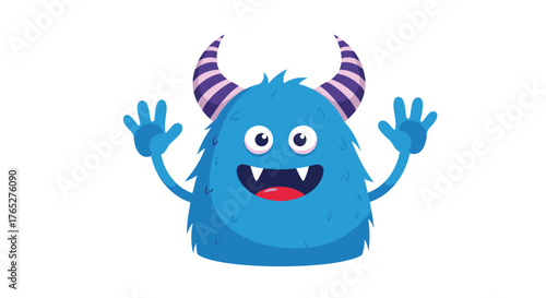 Blue monster with horns and hands raised in a friendly gesture.