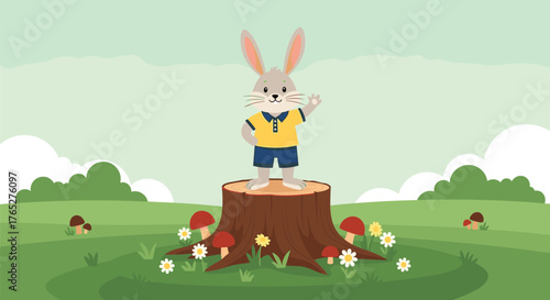 Cute cartoon rabbit standing on a tree stump, waving hello.