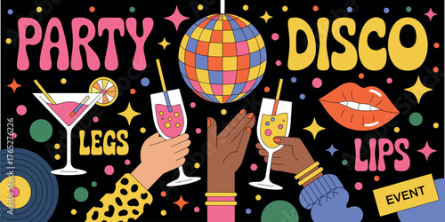 Retro Disco Night Vector Design. Shiny Disco Ball, Cocktails, Vinyl Record, Lips, and Stars for 70s Party Posters, Music Flyers, and Club Art