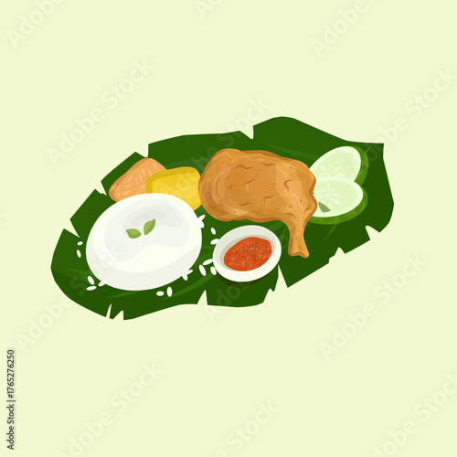 Untitled ImagTop view flat illustration of a complete meal on a plate featuring rice, fried chicken, tofu, cucumber, and lettuce. Asian food concept.e
