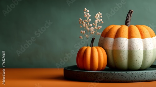 Modern Minimalist Two-Tone Pumpkin Decor Set, Autumn Thanksgiving Halloween Home Display, Dried Flower Accent Design Element
