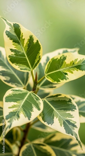 close up of a plant, Variegated Ficus Triangularis Leaves 