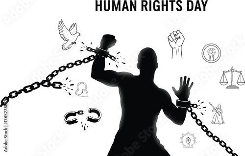 Silhouette of a man breaking free from chains for human rights day, symbolizing freedom and justice for all people