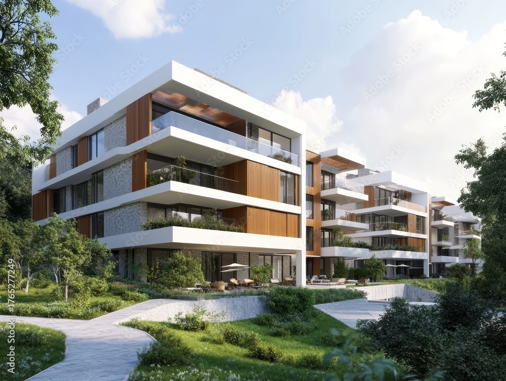 Obraz premium Modern apartment building nestled in a lush green landscape