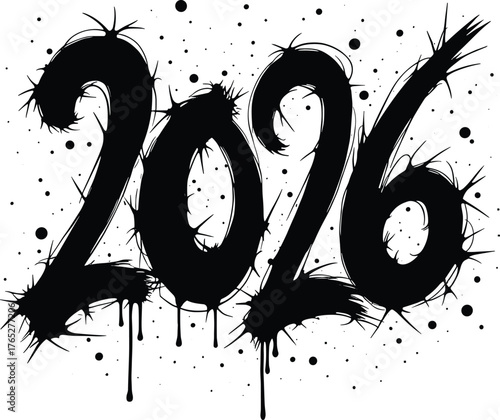 Spiky black 2026 numbers with dripping effect and dots Keywords: 2026, year, new year, spiky