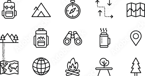 A collection of linear icons related to camping and travel.