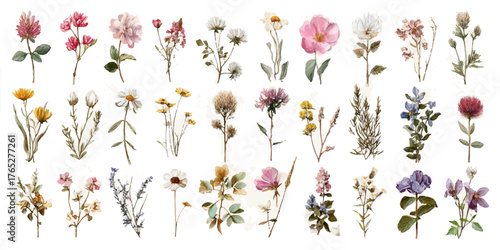 Vintage botanical illustrations collection of delicate flowers and leaves for design