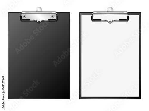 Realistic clipboard with metal clip set blank and with sheet isolated on white background, vector 3d mockup for design and branding