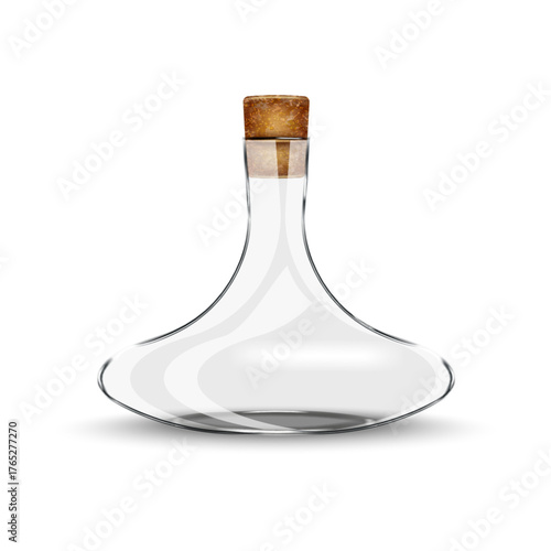 Realistic empty clear 3d glass carafe with wide bottom and natural cork stopper and thin neck, wine decanter model vector mockup.