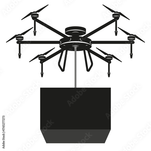 Cargo drone that delivery a heavy box hanging from a rope, simple black hexacopter isometric 3d silhouette vector illustration, representing logistics and future service.
