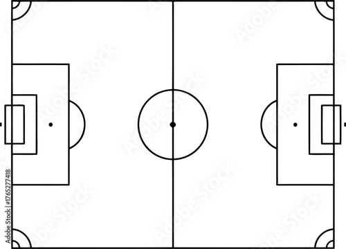 Black and white line drawing of a soccer field with goals and center circle football field