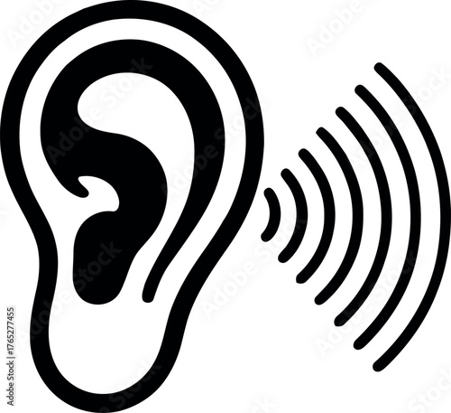 Black ear icon with sound waves emanating outwards hearing audio
