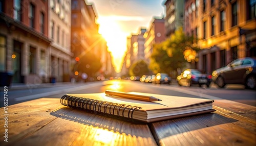 Notebook and Pencil on Wooden Table with Golden Hour City Street Bokeh Background and Lens Flare