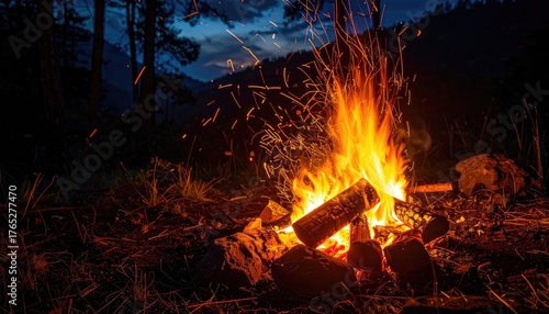 Nighttime Campfire Scene With Sparks Flying Embers and Glowing Logs in a Forest Setting