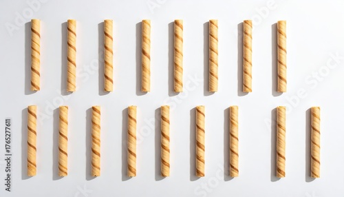 Numerous Rolled Wafer Cookies with Swirled Filling Arranged in a Grid Pattern on a White Surface