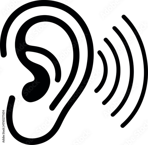 Black outline of human ear with sound waves emanating hearing audio