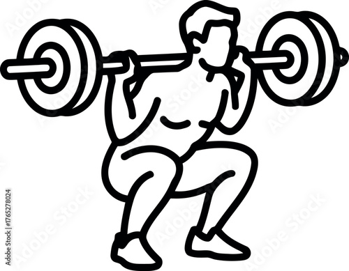 Man performing barbell squat exercise line art weightlifting strength training