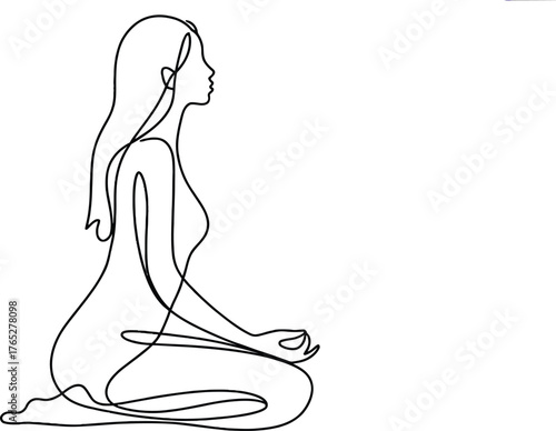 A minimalist line drawing depicts a woman meditating in a seated pose with her eyes closed.