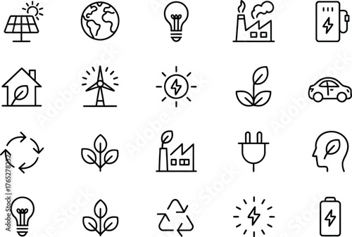 A collection of vector icons representing renewable energy and environmental concepts.