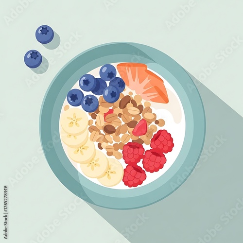 Healthy breakfast bowl with yogurt granola and fresh berries flat lay vector illustration.