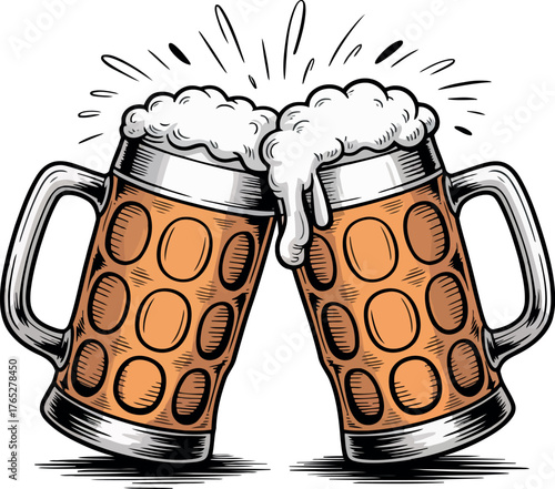 Two Beer Mugs Clinking Together With Foamy Tops drink beverage