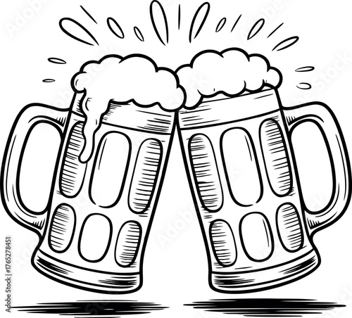 Two beer mugs clinking with frothy foam and splash lines toast cheers