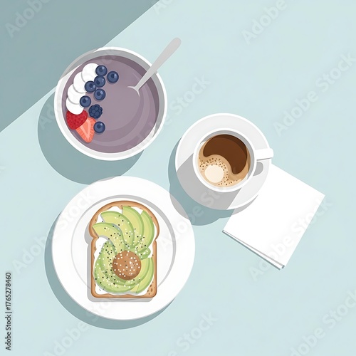 Healthy Breakfast Spread - Smoothie Bowl, Avocado Toast, and Coffee.