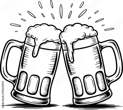 Two beer mugs clinking with frothy heads and bubbles toasting celebration