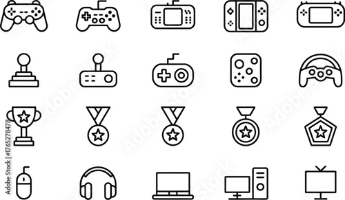 A collection of video game controllers and gaming accessories are displayed as icons.