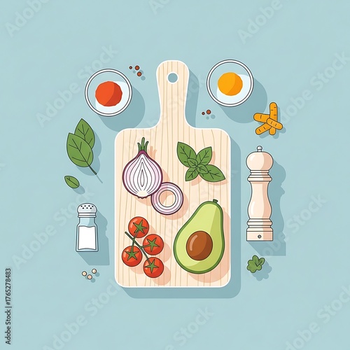 Healthy Food Ingredients on Cutting Board Illustration.
