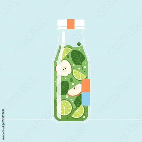 Healthy green smoothie in a glass bottle with apple and lime slices.