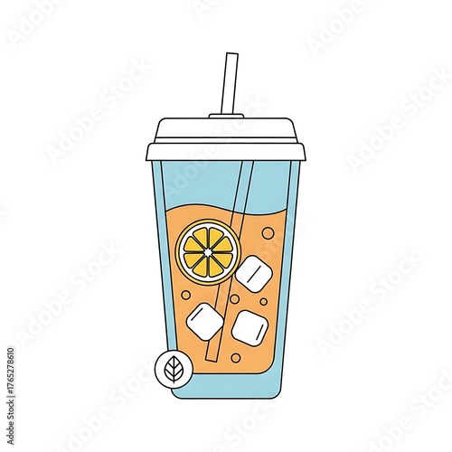 Iced tea with lemon slice and ice cubes in a takeaway cup vector illustration.
