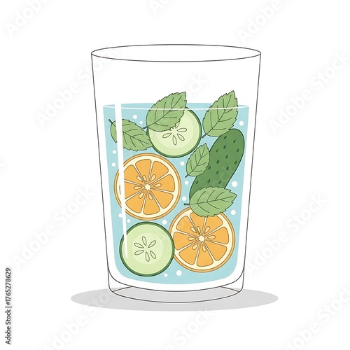 Infused Water with Orange, Cucumber, and Mint in a Glass.