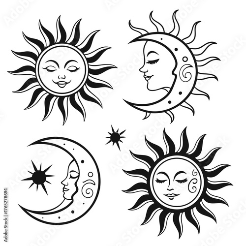 Black and white celestial sun and moon faces with rays