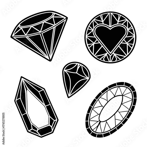 Black and white faceted gemstone icons jewel diamond