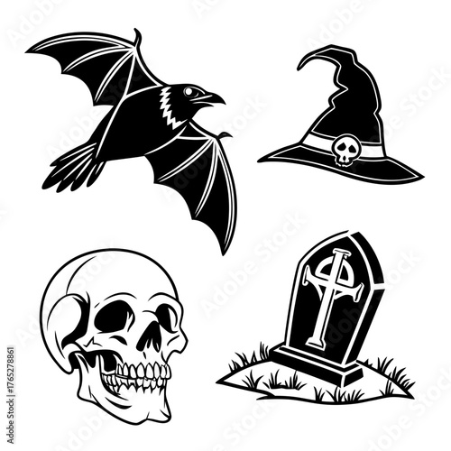 Black and white Halloween icons bat skull witch hat tombstone