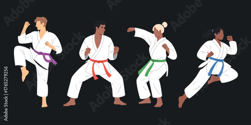 Multiracial Karate Kids Vector Illustration – Diverse Children Wearing Kimonos Practicing Martial Arts in Action Poses, Perfect for Sports and Education Themes