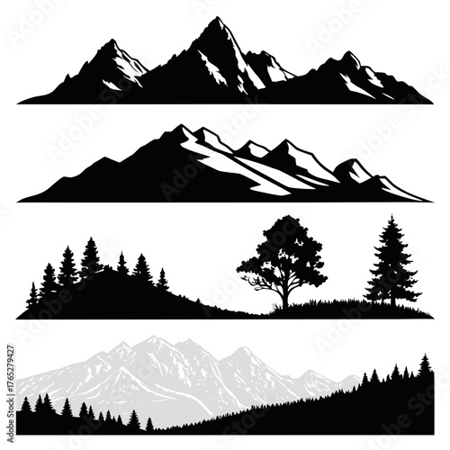 Black and white mountain and forest landscape silhouettes