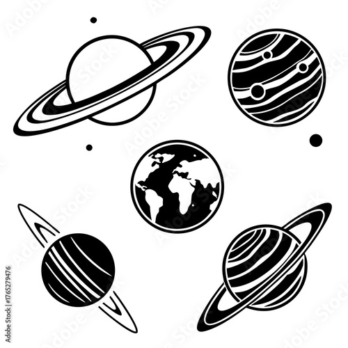 Black and white planet icons with rings and stripes