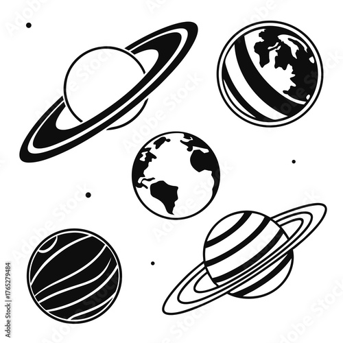 Black and white planets and stars illustration space