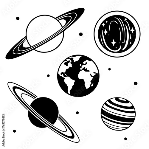 Black and white planets and stars on white background
