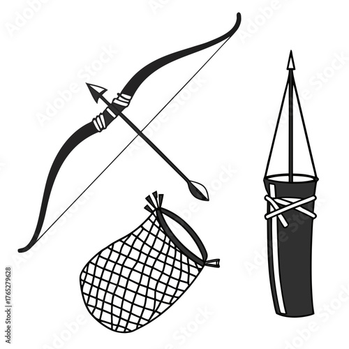 Black bow arrow quiver and net illustration hunting