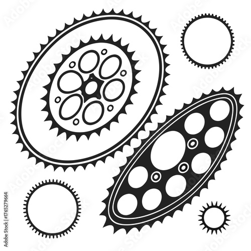 Black bicycle sprockets and gears on white background