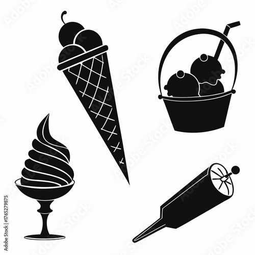 Black ice cream cone and sundae icons soft serve ice cream