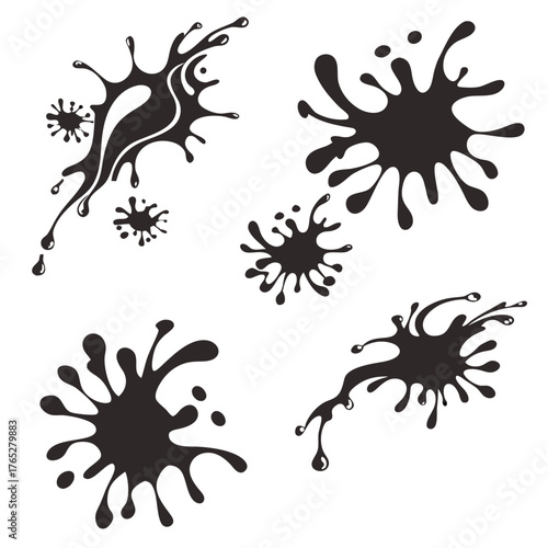 Black ink splatters and drops graphic elements paint splash