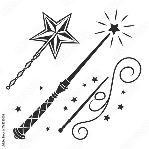 Black Magic Wands and Stars on White Background fantasy